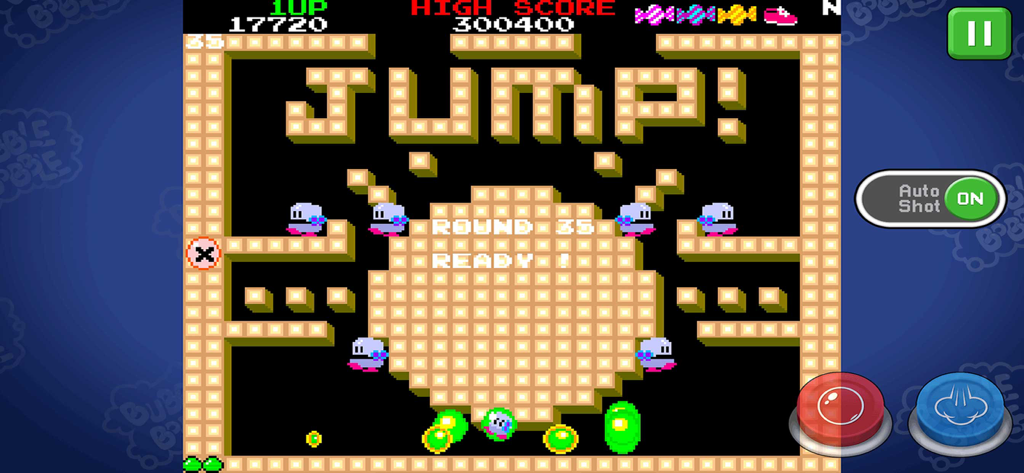 Gameplay screenshot of BUBBLE BOBBLE classic showing Round 35 with retro pixel art and mobile touch controls