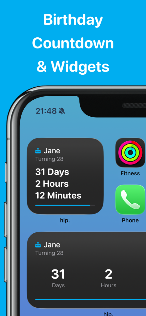 hip: Birthday Reminder & Cards - iPhone home screen displaying birthday countdown widgets from the hip app showing days and hours remaining.