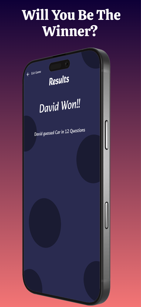 20 Questions - Guessing Game - Results screen of the 20 Questions mobile game showing a winner who guessed the word car in twelve questions