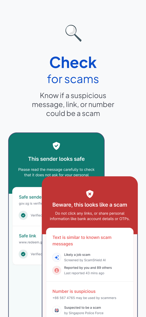 ScamShield - 스캠쉴드 앱 인터페이스에서 메시지 링크나 전화번호가 사기인지 확인하는 방법과 안전 및 사기 경고 예시 표시