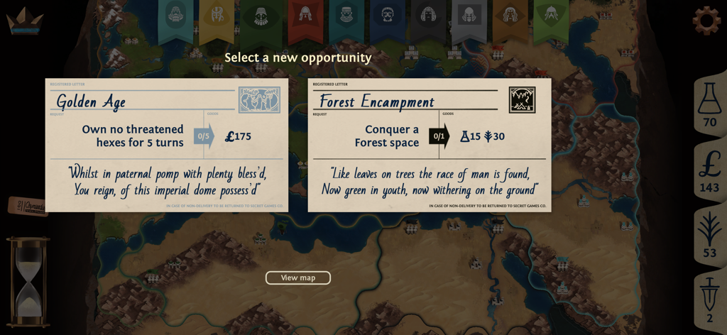 Ozymandias - Ozymandias game interface showing two choice cards for Golden Age and Forest Encampment missions over a historical Bronze Age map.