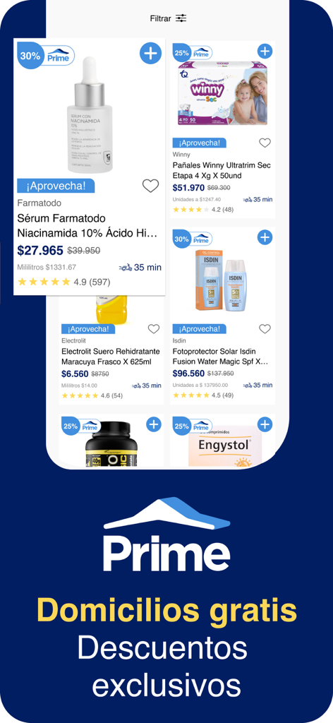 Farmatodo Col app screen showing product catalog with discounts and free delivery benefits