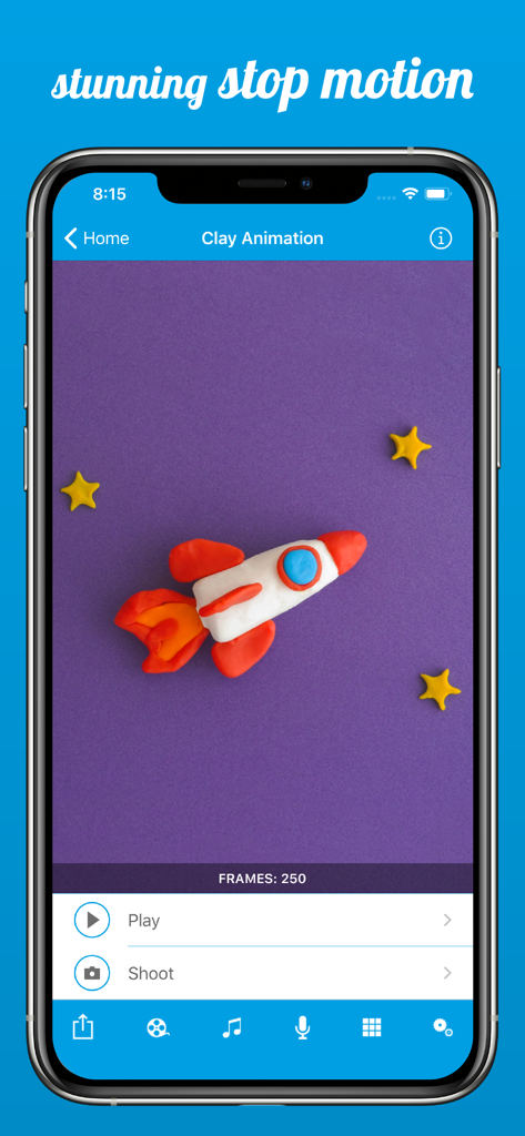 OSnap! Pro: Lapse & Motion - OSnap Proアプリ内でロケット船と星のある粘土アニメーションプロジェクトを示しているiPhoneインターフェイス