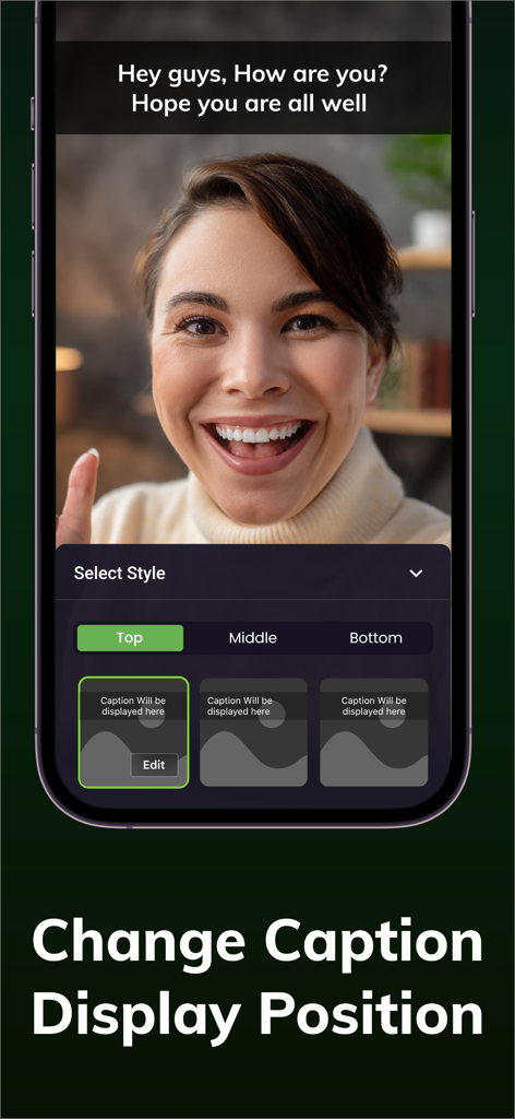 MixBit: Subtitles for Videos - Interface of MixBit app showing options to change subtitle display position to top, middle, or bottom.