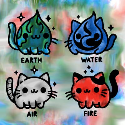 4 cats that represent the different elements, earth, water, air, and fire