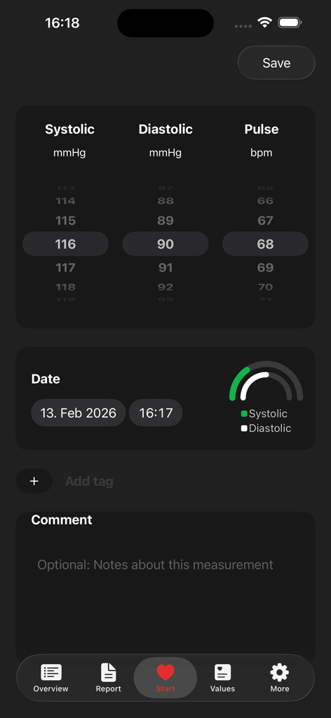 Schermata di inserimento della pressione sanguigna e del polso con letture sistoliche e diastoliche