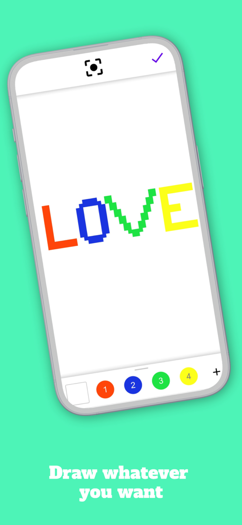 Ein Smartphone-Bildschirm, der die Pixel-Art-App im Freihandzeichnungsmodus zeigt, mit dem Wort LOVE in bunten Pixeln.