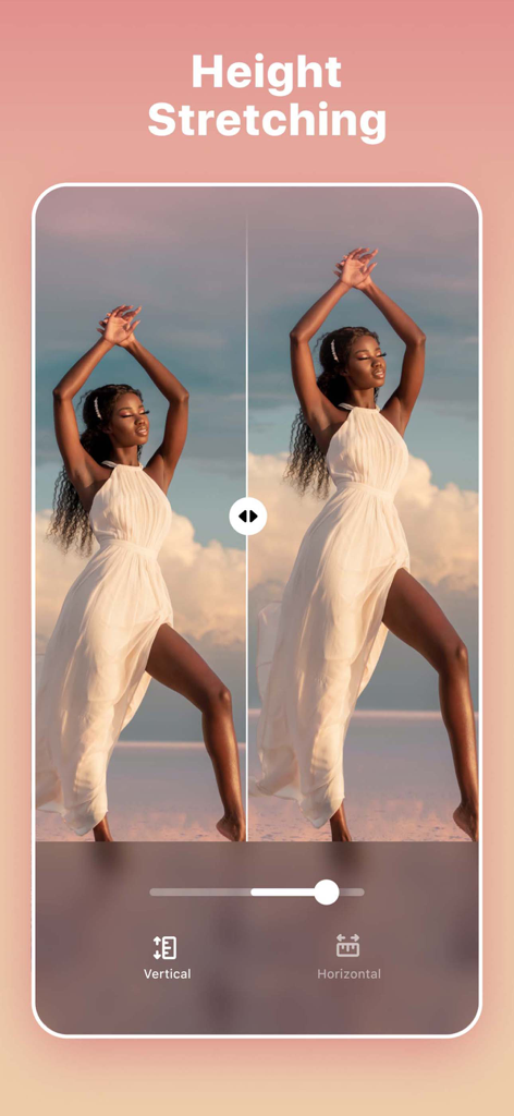 Everlook- Face & Body Editor - Comparaison avant et après de la fonction d'étirement de la hauteur dans l'application d'édition corporelle Everlook