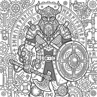 Dive into a thrilling blend of ancient Norse might and retro-futuristic charm with this unique Steampunk Viking Warrior coloring page. Featuring intricate details from gears to runes, it offers an engaging creative challenge for all ages.