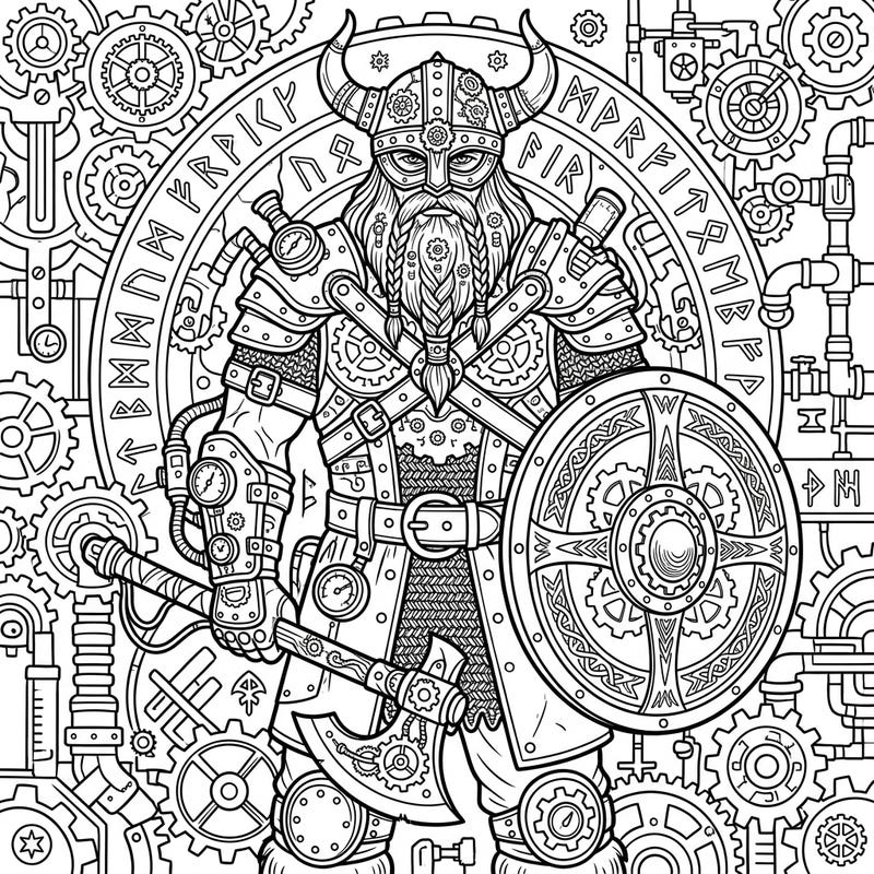 Dive into a thrilling blend of ancient Norse might and retro-futuristic charm with this unique Steampunk Viking Warrior coloring page. Featuring intricate details from gears to runes, it offers an engaging creative challenge for all ages.