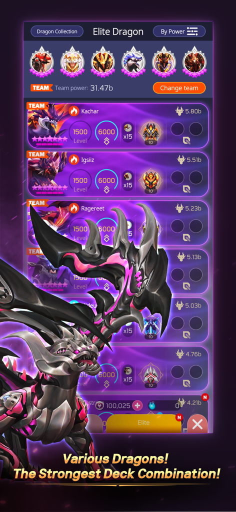 DragonSky : Idle & Merge - Interface showing an elite dragon collection and team deck building with high level stats