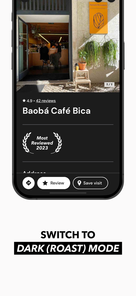 Roasters: Great Coffee Nearby - The Roasters app interface in dark mode showing a profile for Baoba Cafe Bica with a 4.9 rating and a Most Reviewed 2023 badge.