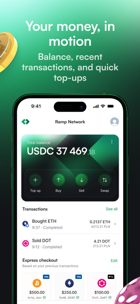 Ramp Network mobile app dashboard displaying USDC balance and transaction history.