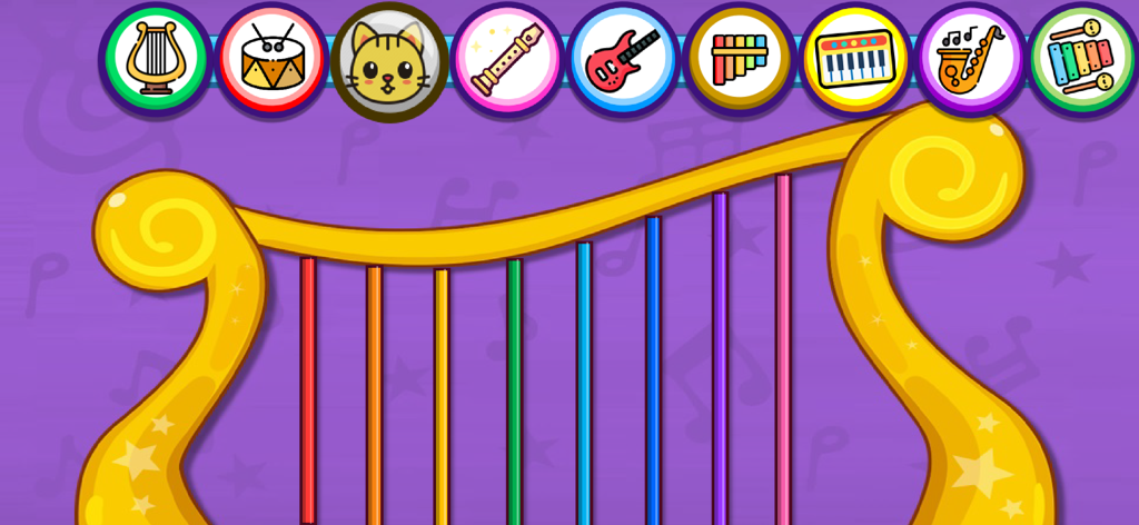 Piano Kids - Music & Songs NEW - Colorful harp instrument on a purple background with a selection of other musical instrument icons at the top