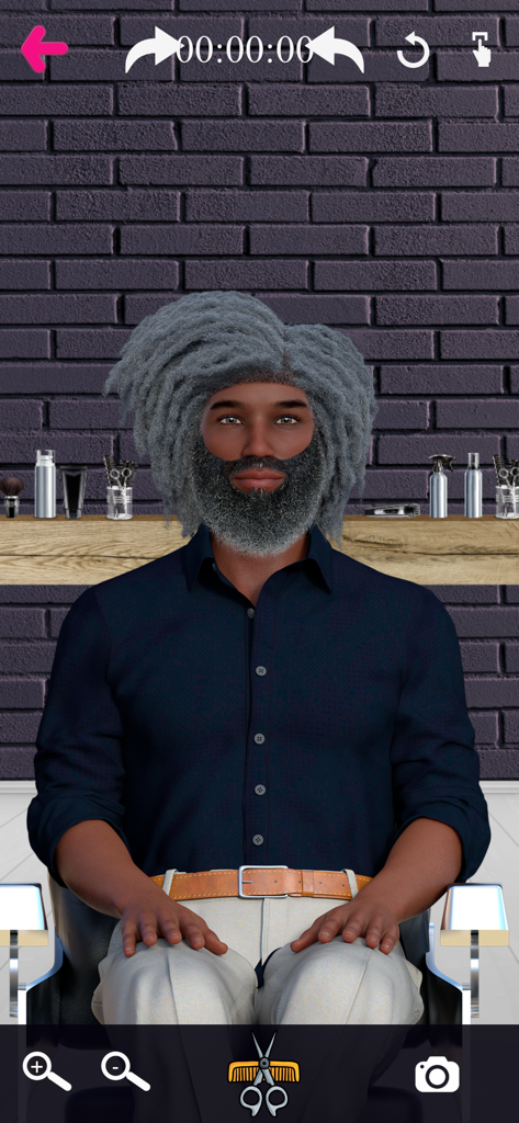 A Black man with grey dreadlocks and a beard sitting in a barber chair in the Barber Chop app