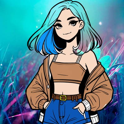 a realistic girl with a crop top and short shorts in an open jacket