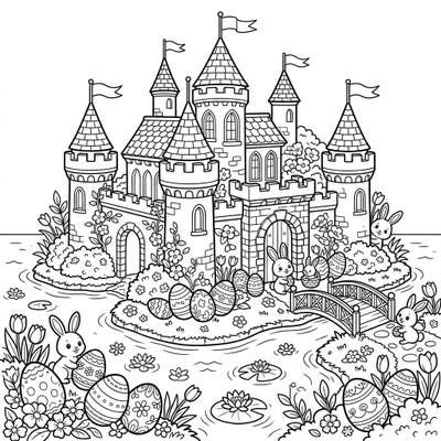 Celebrate Easter with this enchanting coloring page featuring a grand water castle adorned with spring flowers. Discover playful bunnies, beautifully decorated eggs, and tranquil lily ponds awaiting your vibrant colors.