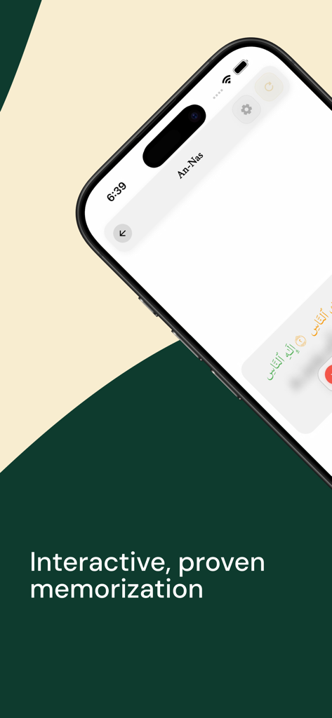 Smartphone displaying the Iqraa Quran app interface with the text Interactive proven memorization