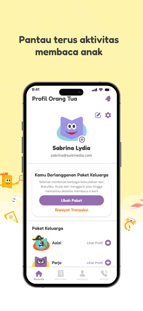 BukuAku - Parent dashboard in the BukuAku app showing family plan and linked child profiles