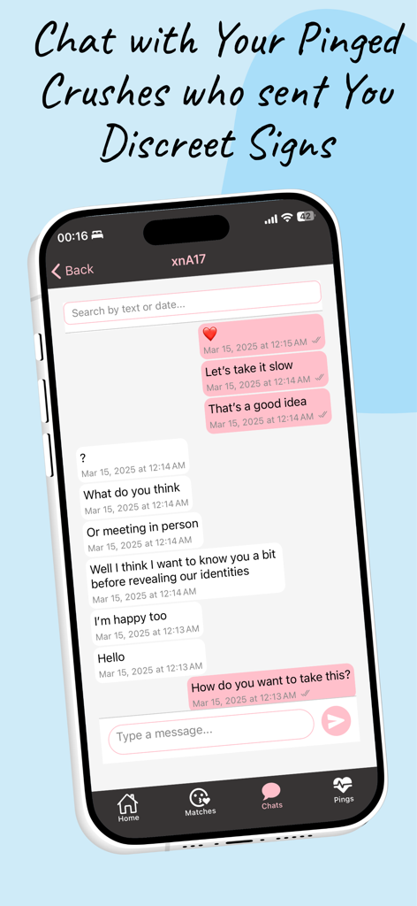 Ping Your Crush - Anonymous chat interface in the Ping Your Crush app where matched users send discreet messages to each other.