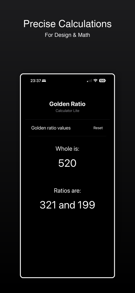 Interface of the Golden Ratio Calculator Lite app on iPhone showing a calculation for the whole number 520 resulting in golden ratios of 321 and 199.