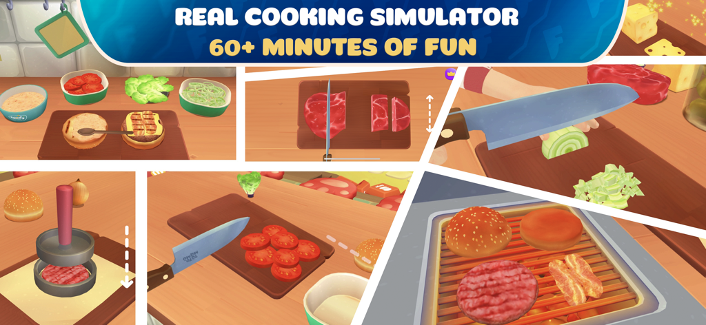 Un collage de escenas de juego que muestran pasos de preparación de hamburguesas como cortar ingredientes y asar.