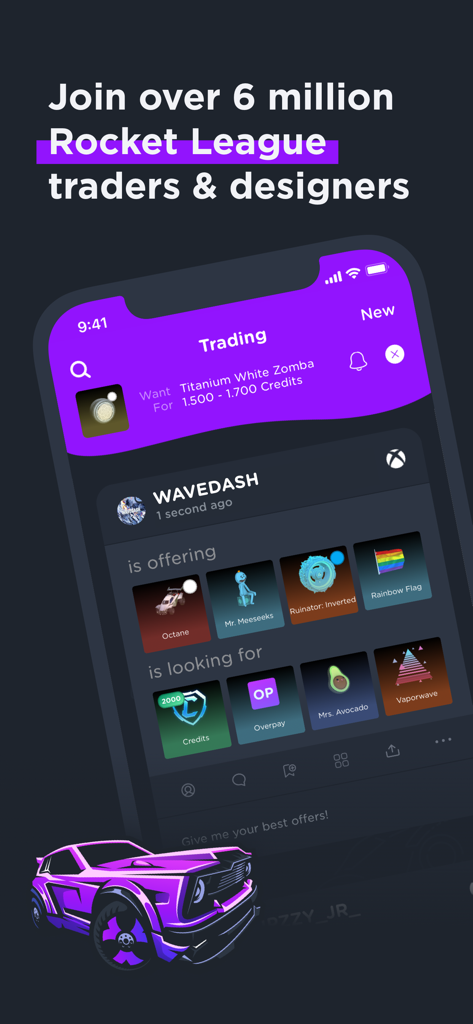 RL Garage for Rocket League - Captura de pantalla de la aplicación móvil RL Garage que muestra las listas de intercambio de objetos de Rocket League y la interfaz de usuario