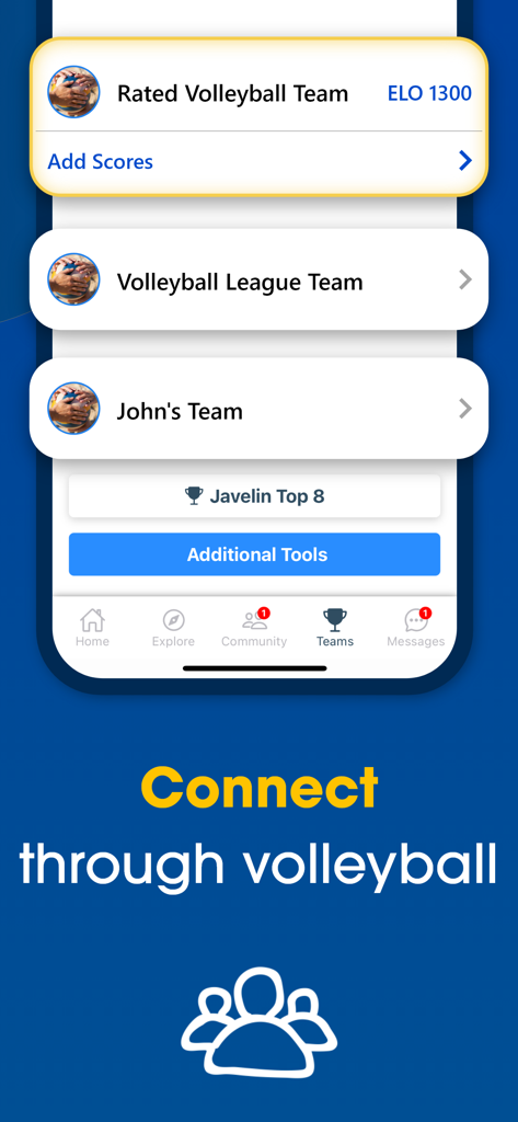 Interfaccia dell'app Javelin che mostra un elenco di squadre di pallavolo e una classifica ELO