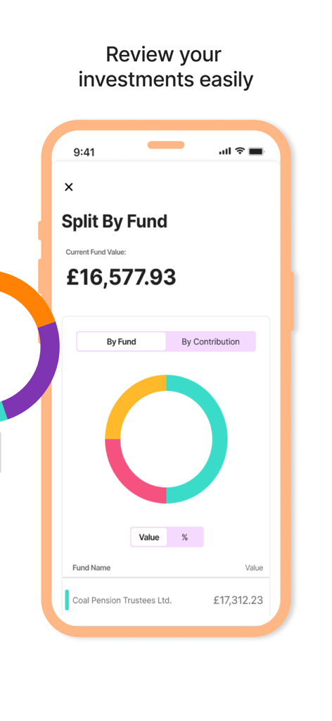LifeSight Pension app interface showing investment distribution by fund with a colorful doughnut chart and account value