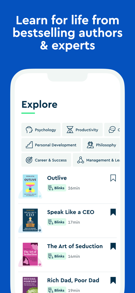 Interfaz de la aplicación Blinkist que muestra categorías de libros como Psicología y Productividad con resúmenes de los títulos más vendidos.