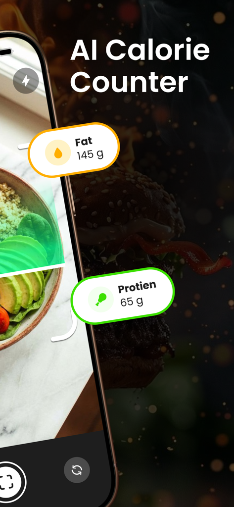 Calorie Counter App - Caloryx - Caloryx AI calorie counter screen showing fat and protein tracking for food through the camera interface