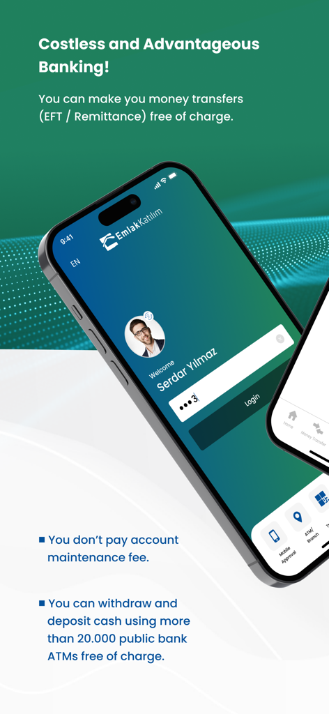 Emlak Katılım Mobile - Pantalla de inicio de sesión de la aplicación Emlak Katilim Mobile destacando transferencias de dinero gratuitas y cero tarifas de mantenimiento de cuenta.