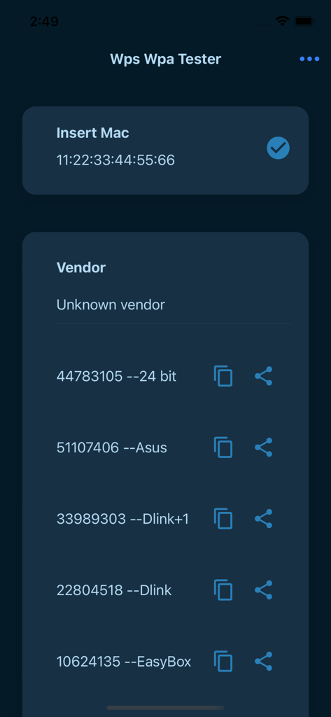 Interfaz de la aplicación Wps Wpa Tester mostrando una lista de PINs WPS calculados para una dirección MAC específica.