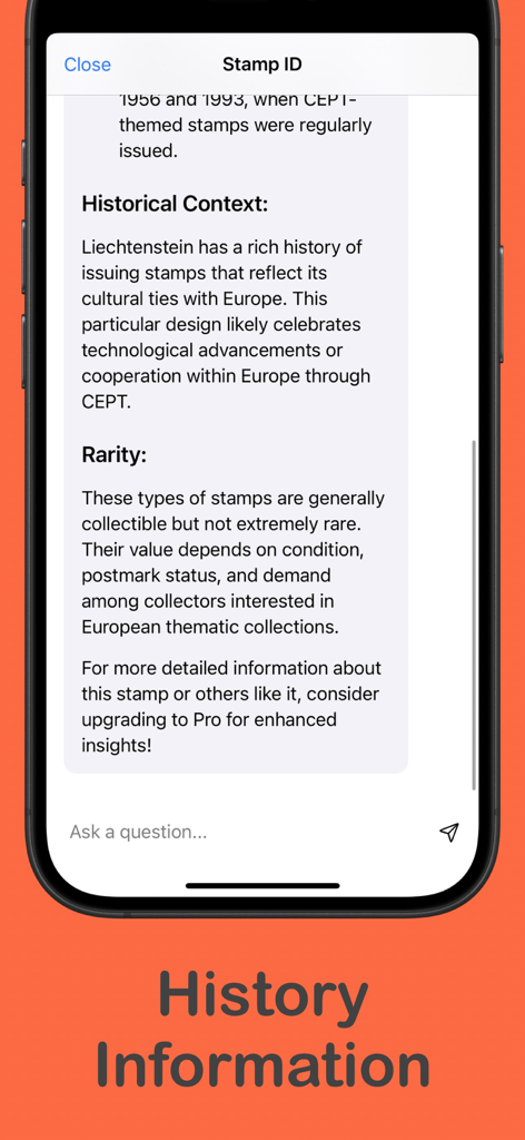 Stamp ID - Identify & Value - La aplicación Stamp ID muestra contexto histórico y detalles de rareza para sellos coleccionados