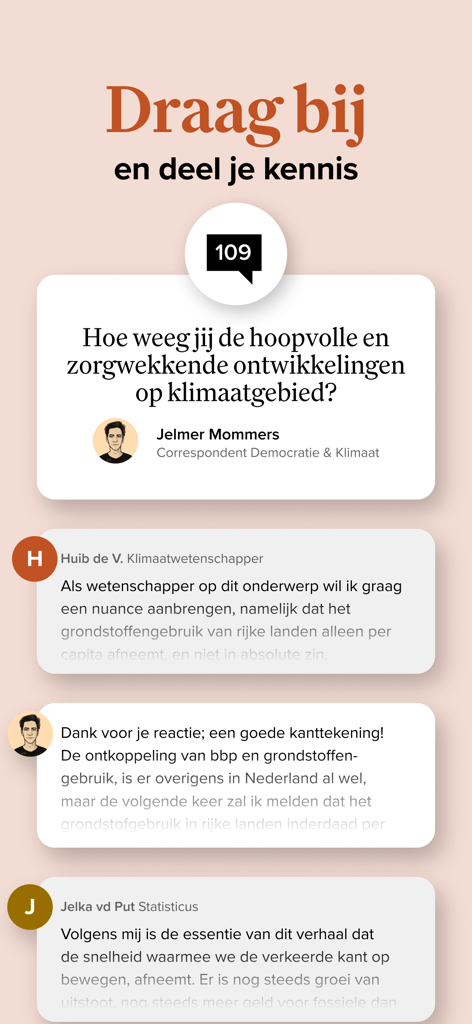 De Correspondent - De Correspondent app community section showing member contributions and correspondent interactions on a climate change story