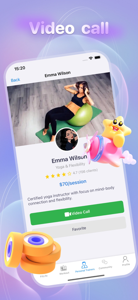 Canvio:Live Video,Chat Fun - Profile of a professional yoga coach on the Canvio app with a video call option and rating details