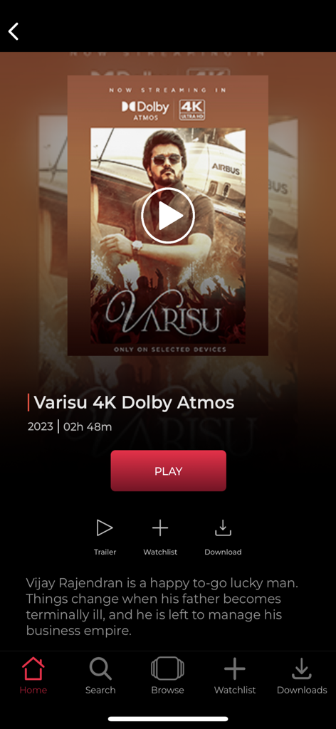 Écran de détails du film pour Varisu sur l'application de streaming Simply South montrant les options de lecture et de téléchargement.