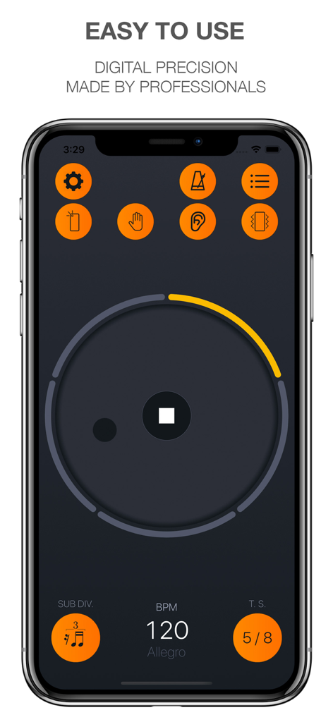 Band Metronome: Tempo, Setlist - Interfaz profesional de la aplicación de metrónomo con ajustes digitales de tempo y compás