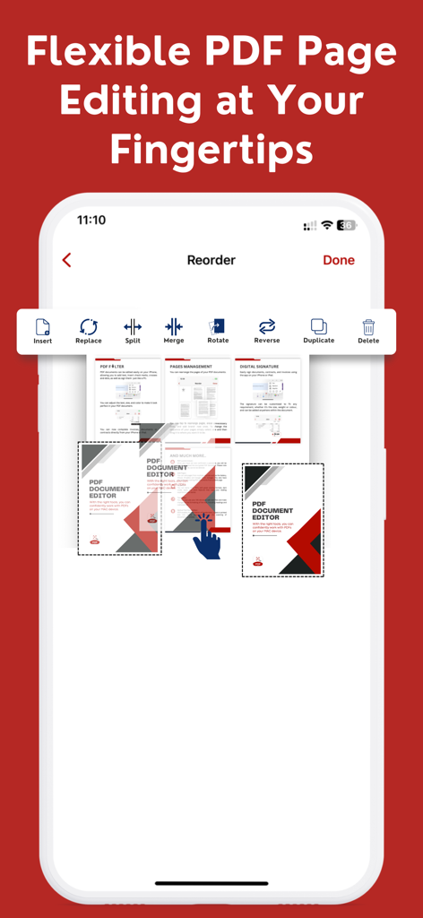 PDF Editor: Fill Edit,Sign PDF - Pantalla de smartphone que muestra opciones para reordenar, fusionar y dividir páginas de PDF.
