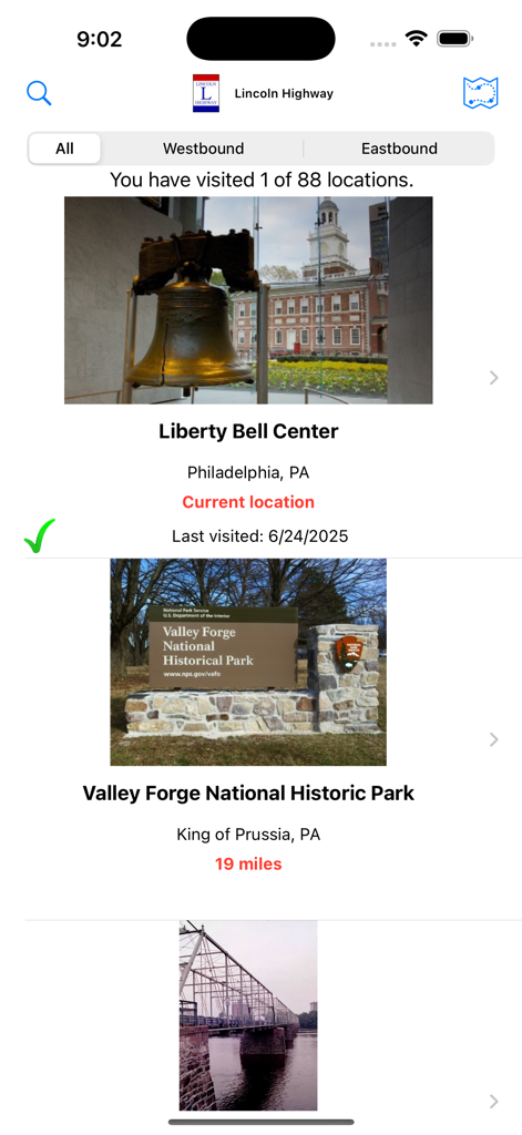 Lincoln Highway - Lincoln Highway app screen displaying a list of historic locations like the Liberty Bell Center and Valley Forge.