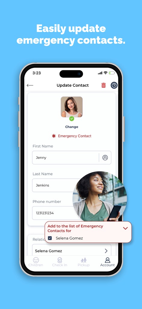 Interface of the Pikmykid Parent app for updating emergency contact information for school aged children