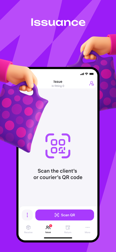 Goods Flow - Goods Flow app screen showing the package issuance interface with a prompt to scan a client or courier QR code