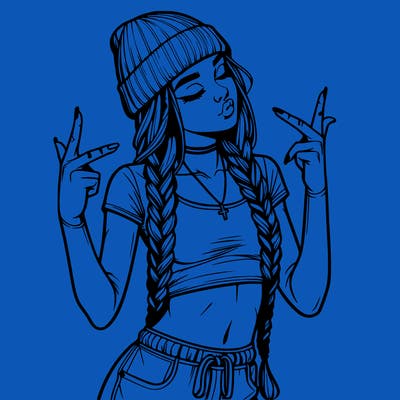 realistic teenage girl with braids and a beanie and crop top doing 🫶🏼