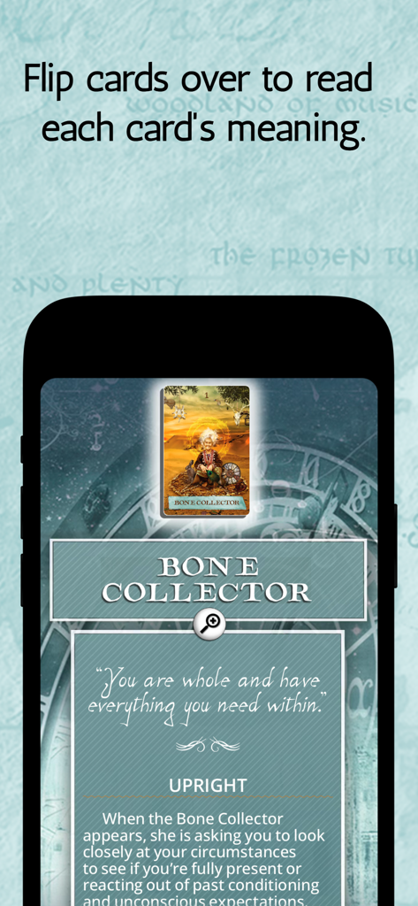Uma captura de tela móvel mostrando o significado detalhado e a descrição da carta de oráculo Bone Collector no aplicativo Mapa Encantado.