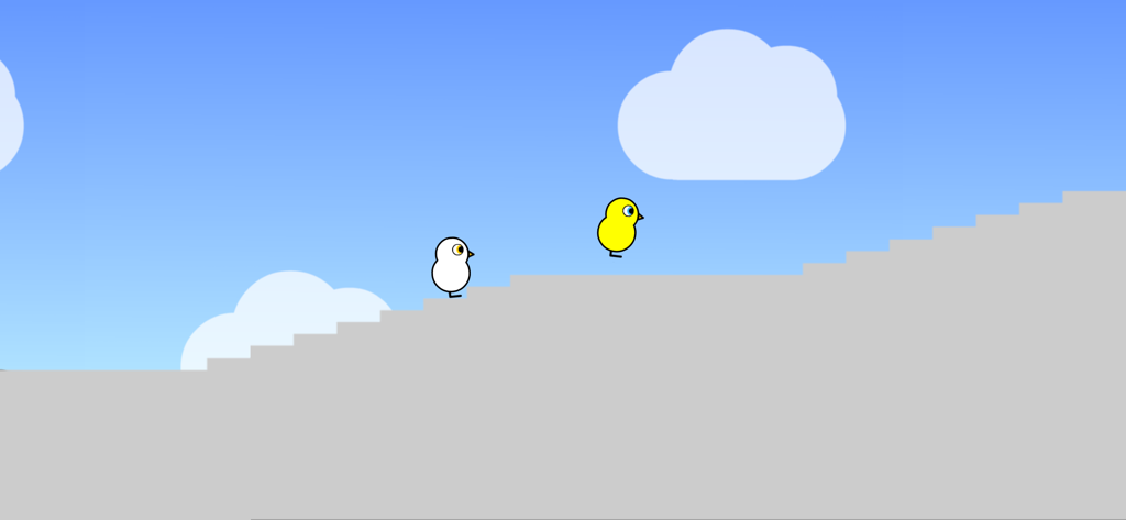 Duck Life 1 - A white and a yellow duckling hopping up grey stairs during a running training session in Duck Life 1.