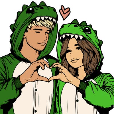 realistic couple wearing matching dinosaur onesies with heart hand gesture