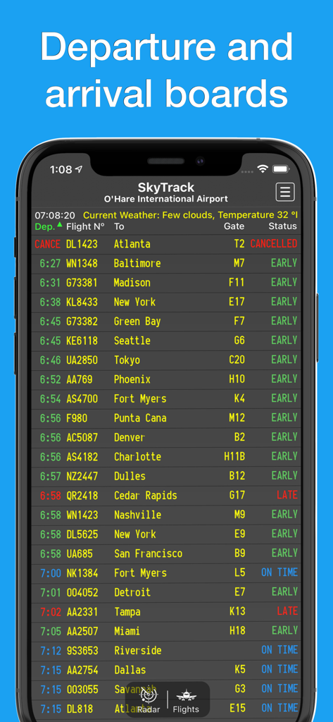 Una captura de pantalla de la aplicación móvil SkyTrack que muestra un tablero de salidas y llegadas de aeropuerto en tiempo real para el Aeropuerto Internacional O'Hare.