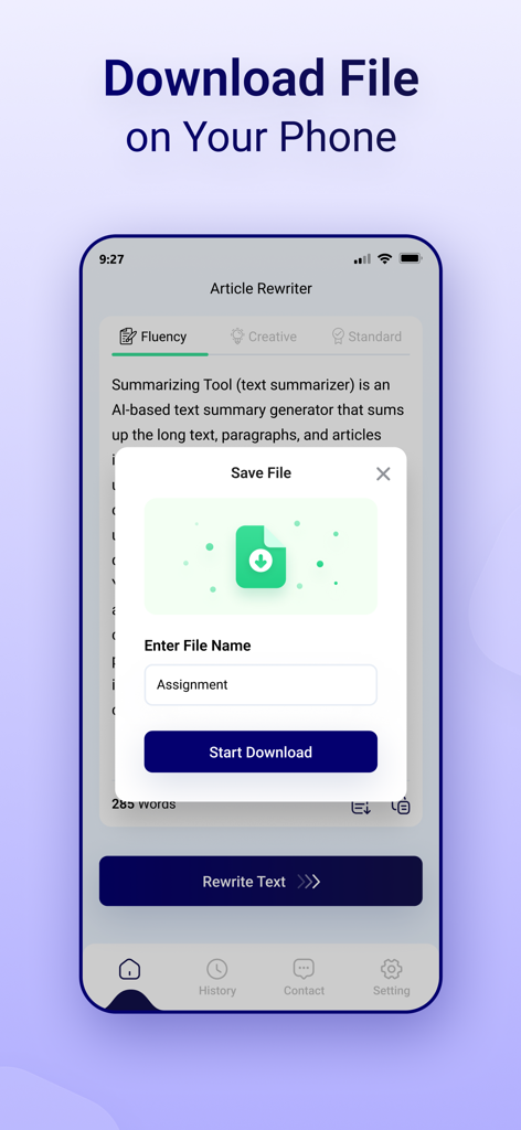 Article Rewriter Spinner - Oberfläche der Artikel-Umformulierer Spinner-App, die ein Pop-up-Fenster zum Speichern von Dateien für den Download einer Aufgabe zeigt