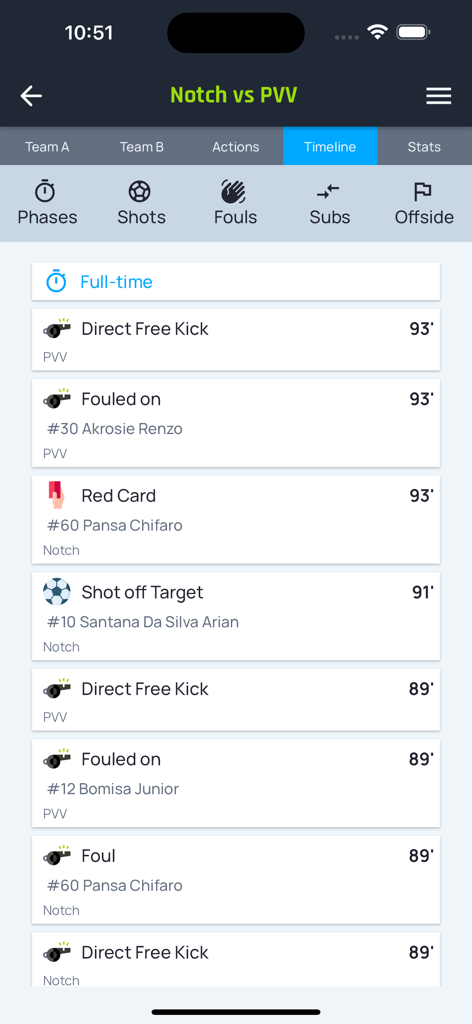 SML Manager - Screenshot of the SML Manager app match timeline showing soccer events and player statistics