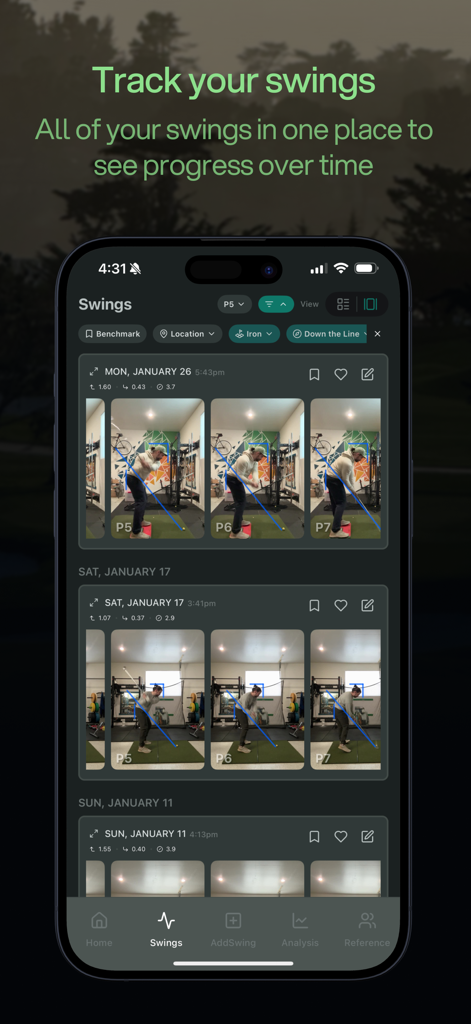 SwingReaction - SwingReaction app dashboard displaying a history of golf swings with AI analysis snapshots and position mapping.